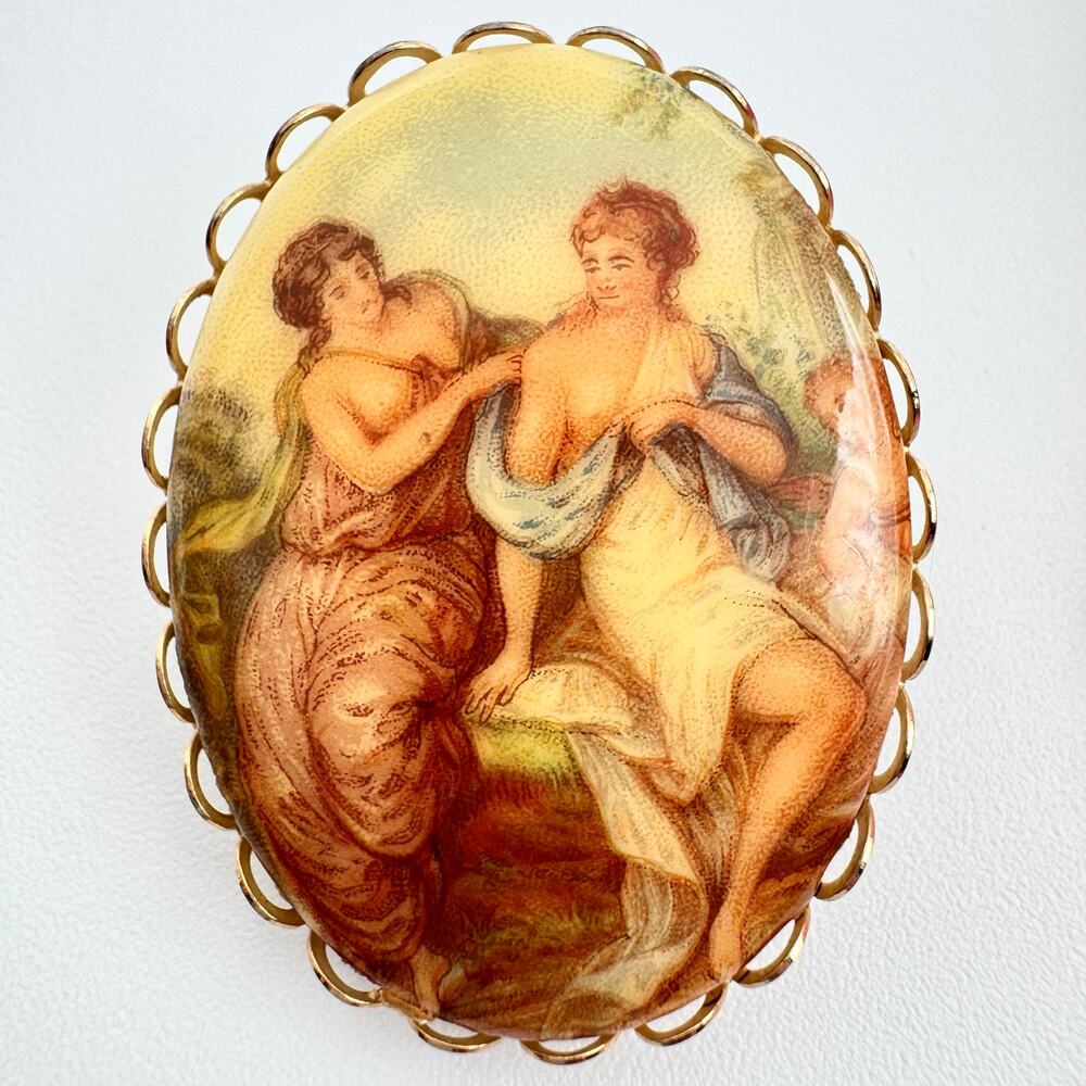 Vintage Victorian Revival Grecian Ladies Cherub Transfer Framed Brooch Romantic